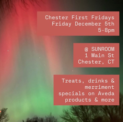 SUNROOM salon & gallery 1 Main St Chester, CT sunroom.glossgenius.com 860.526.3533 Please swing by during Chester First Fridays! Treats, drinks, locally made gifts, specials on Aveda products, & more. Jesikah Orman